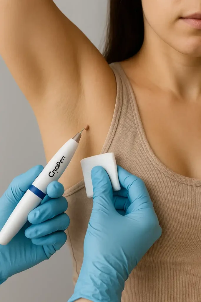 woman having cryopen to remove underarm skin tags Wokingham