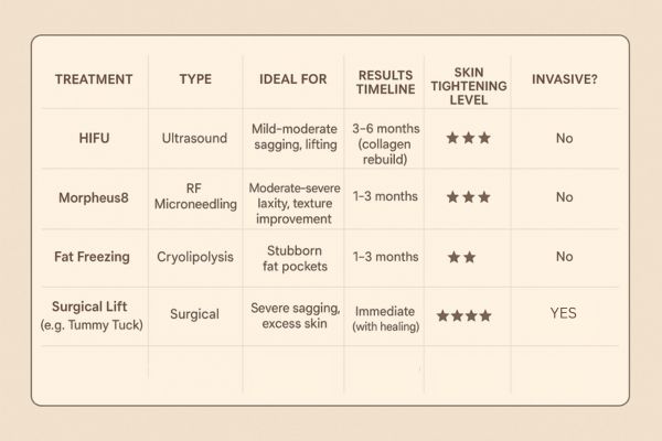 Table showing the comparisons of Skin tightening Wokingham treatment options.